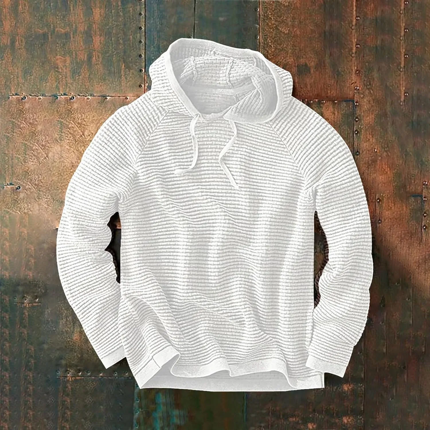 Long Sleeve Waffle Knit Pullover Hoodies for Men Lightweight Workout Drawstring Hooded Sweatshirts with Pocket