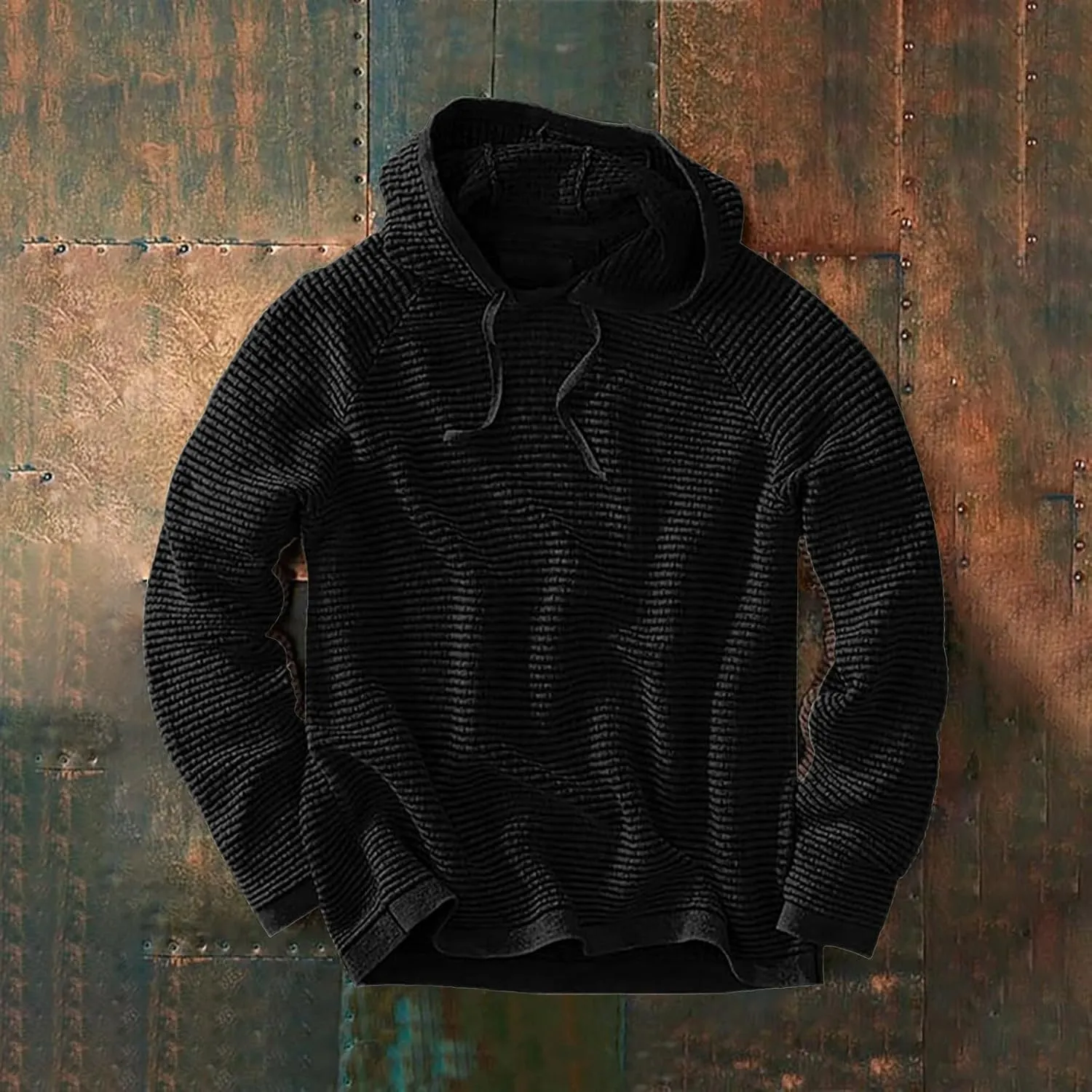 Long Sleeve Waffle Knit Pullover Hoodies for Men Lightweight Workout Drawstring Hooded Sweatshirts with Pocket