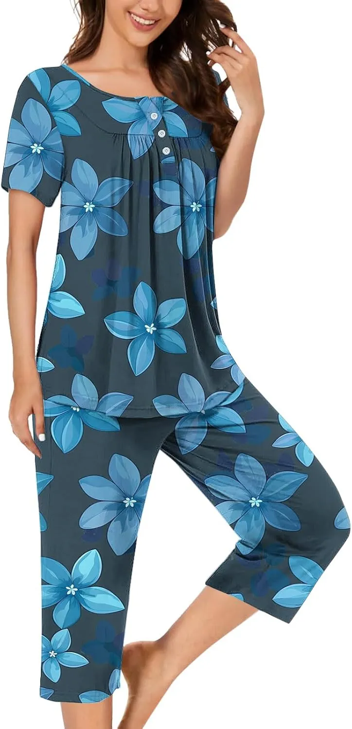 Lounge Sets for Women 2 Piece Capri Pajama Set Loose Pleated Sleepwear Top Capri Pants Button Up Soft Pjs Loungewear