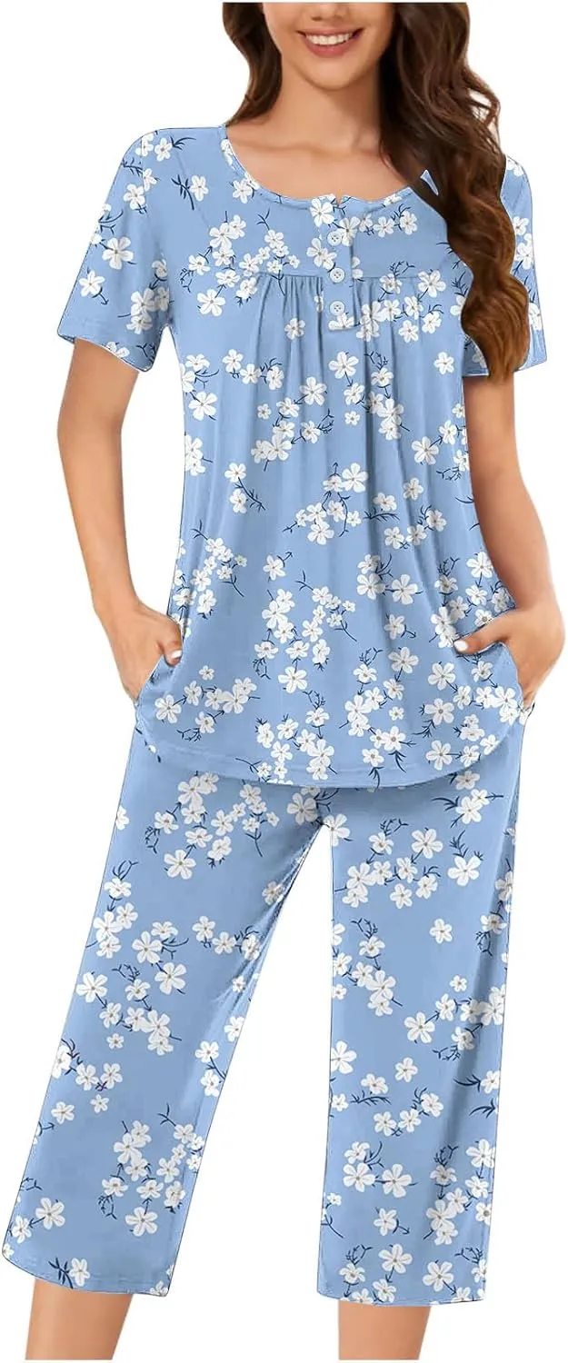 Lounge Sets for Women 2 Piece Capri Pajama Set Loose Pleated Sleepwear Top Capri Pants Button Up Soft Pjs Loungewear