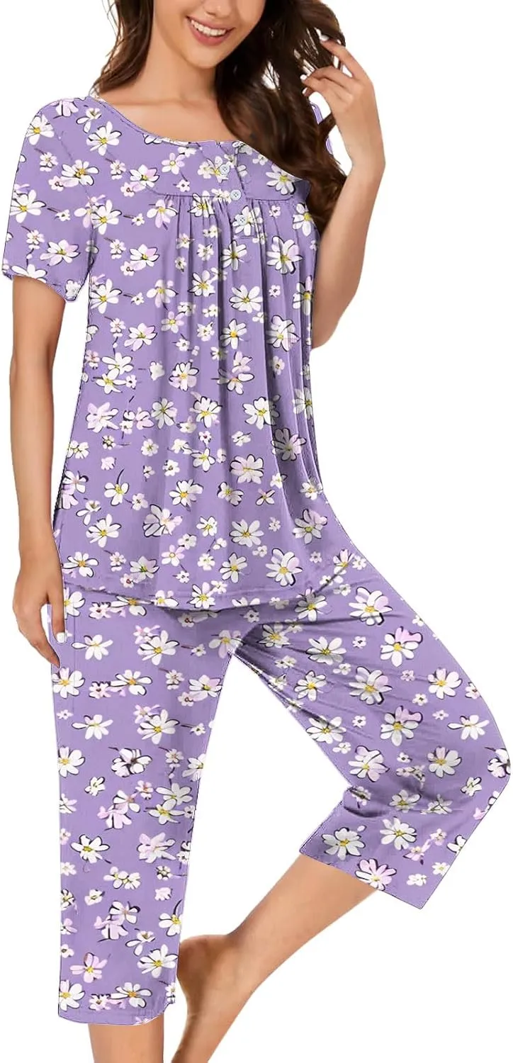 Lounge Sets for Women 2 Piece Capri Pajama Set Loose Pleated Sleepwear Top Capri Pants Button Up Soft Pjs Loungewear