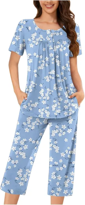 Lounge Sets for Women 2 Piece Capri Pajama Set Loose Pleated Sleepwear Top Capri Pants Button Up Soft Pjs Loungewear