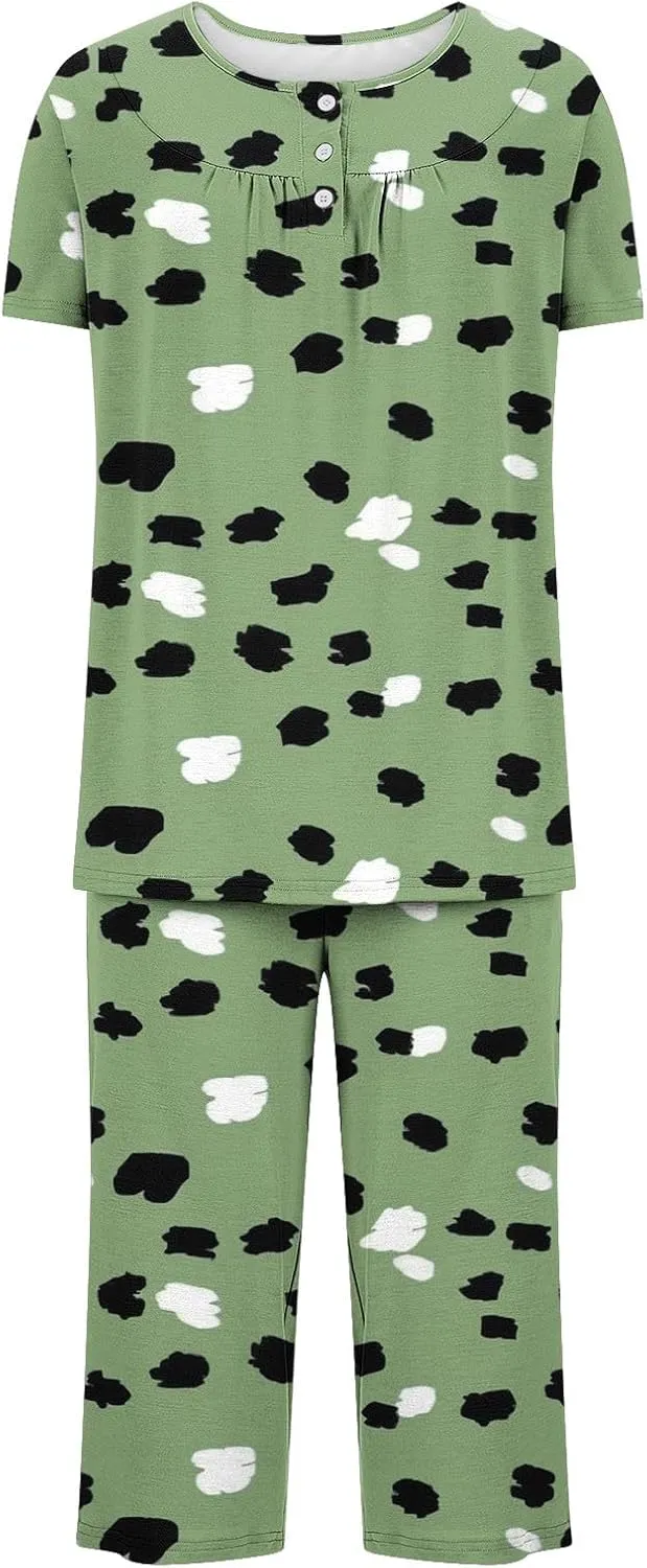 Lounge Sets for Women 2 Piece Capri Pajama Set Loose Pleated Sleepwear Top Capri Pants Button Up Soft Pjs Loungewear