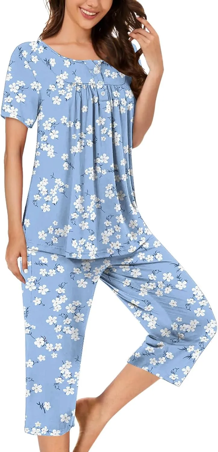 Lounge Sets for Women 2 Piece Capri Pajama Set Loose Pleated Sleepwear Top Capri Pants Button Up Soft Pjs Loungewear