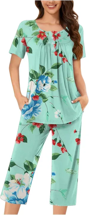 Lounge Sets for Women 2 Piece Capri Pajama Set Loose Pleated Sleepwear Top Capri Pants Button Up Soft Pjs Loungewear