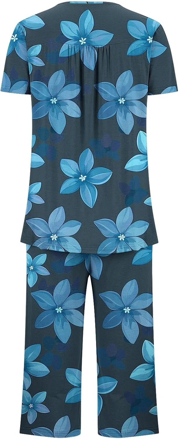Lounge Sets for Women 2 Piece Capri Pajama Set Loose Pleated Sleepwear Top Capri Pants Button Up Soft Pjs Loungewear