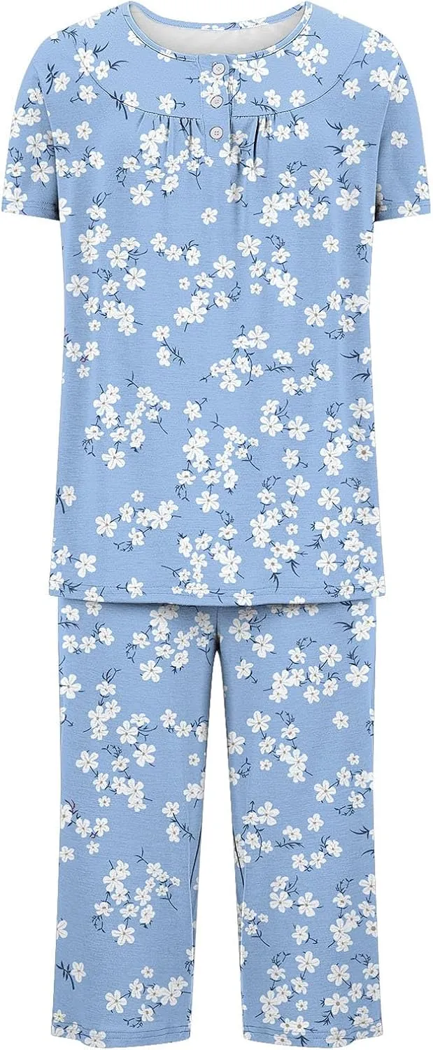 Lounge Sets for Women 2 Piece Capri Pajama Set Loose Pleated Sleepwear Top Capri Pants Button Up Soft Pjs Loungewear