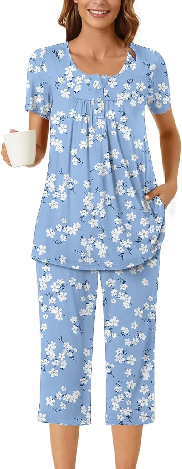 Lounge Sets for Women 2 Piece Capri Pajama Set Loose Pleated Sleepwear Top Capri Pants Button Up Soft Pjs Loungewear
