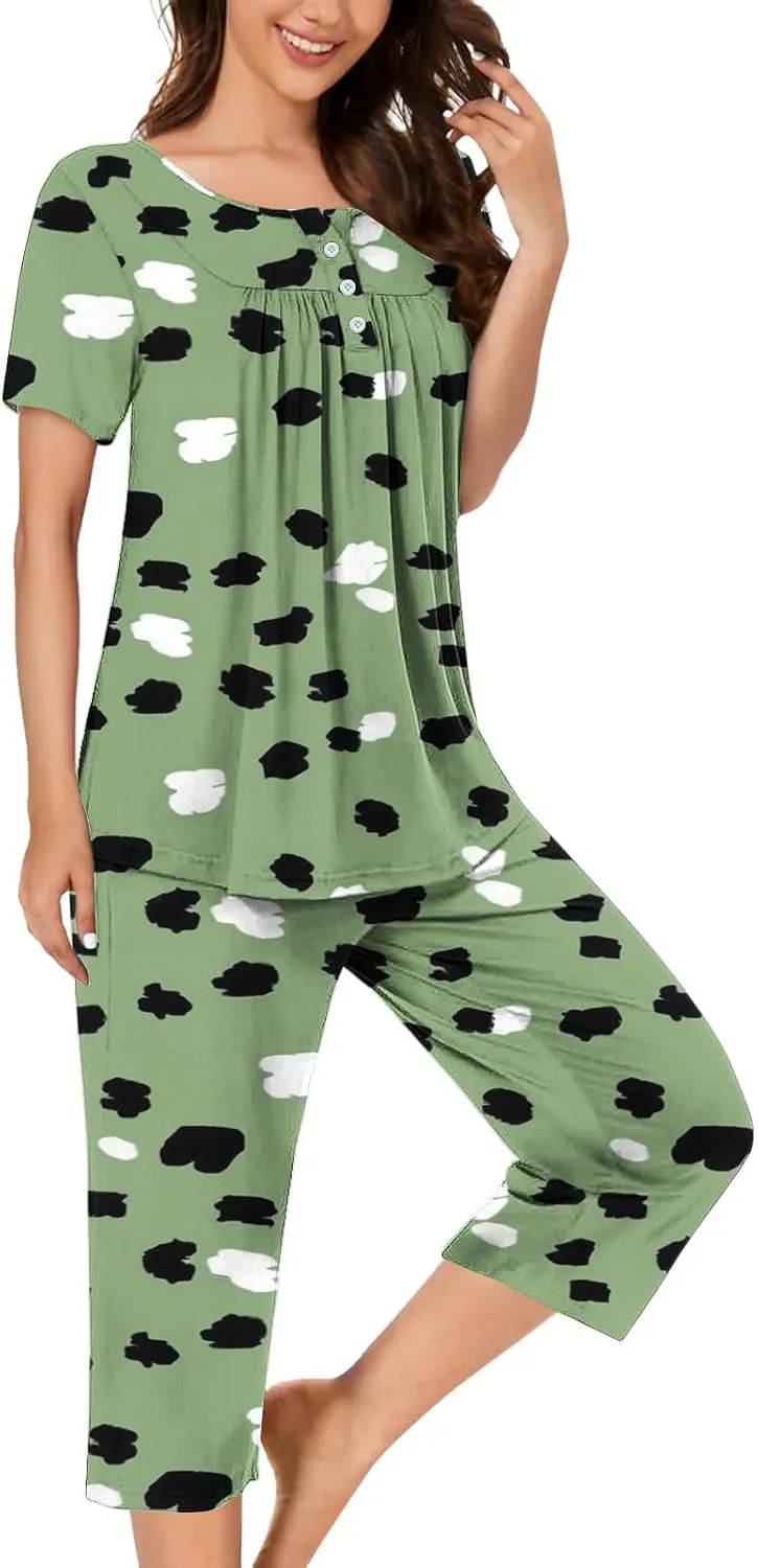 Lounge Sets for Women 2 Piece Capri Pajama Set Loose Pleated Sleepwear Top Capri Pants Button Up Soft Pjs Loungewear