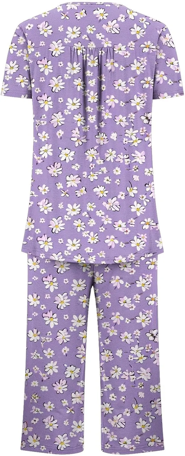Lounge Sets for Women 2 Piece Capri Pajama Set Loose Pleated Sleepwear Top Capri Pants Button Up Soft Pjs Loungewear