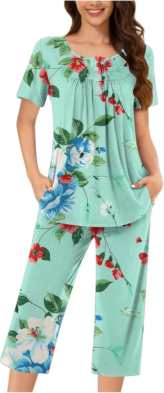 Lounge Sets for Women 2 Piece Capri Pajama Set Loose Pleated Sleepwear Top Capri Pants Button Up Soft Pjs Loungewear