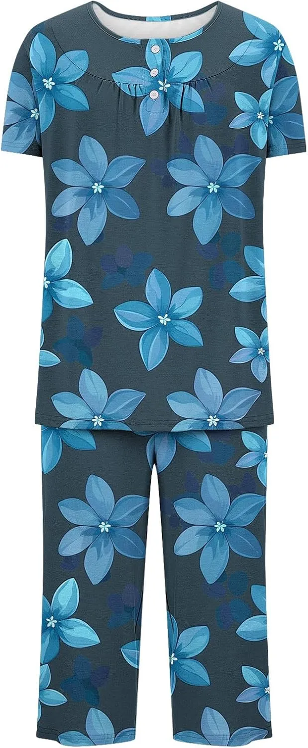 Lounge Sets for Women 2 Piece Capri Pajama Set Loose Pleated Sleepwear Top Capri Pants Button Up Soft Pjs Loungewear