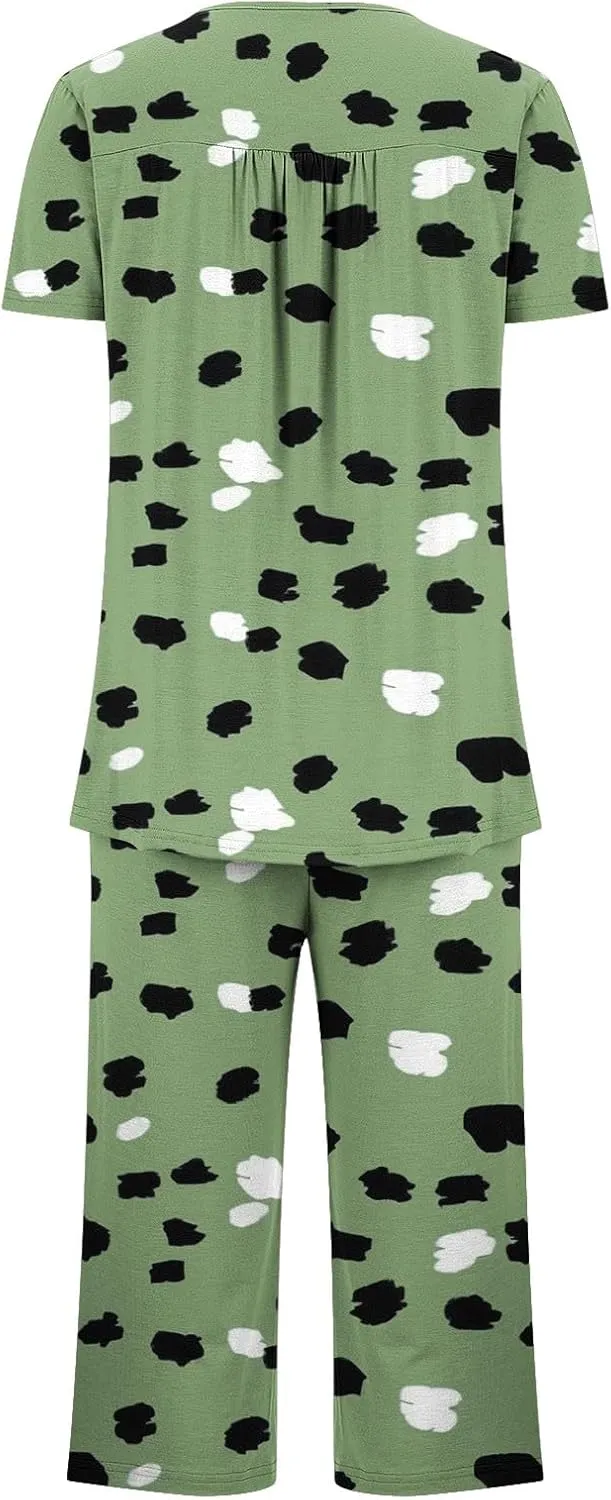 Lounge Sets for Women 2 Piece Capri Pajama Set Loose Pleated Sleepwear Top Capri Pants Button Up Soft Pjs Loungewear