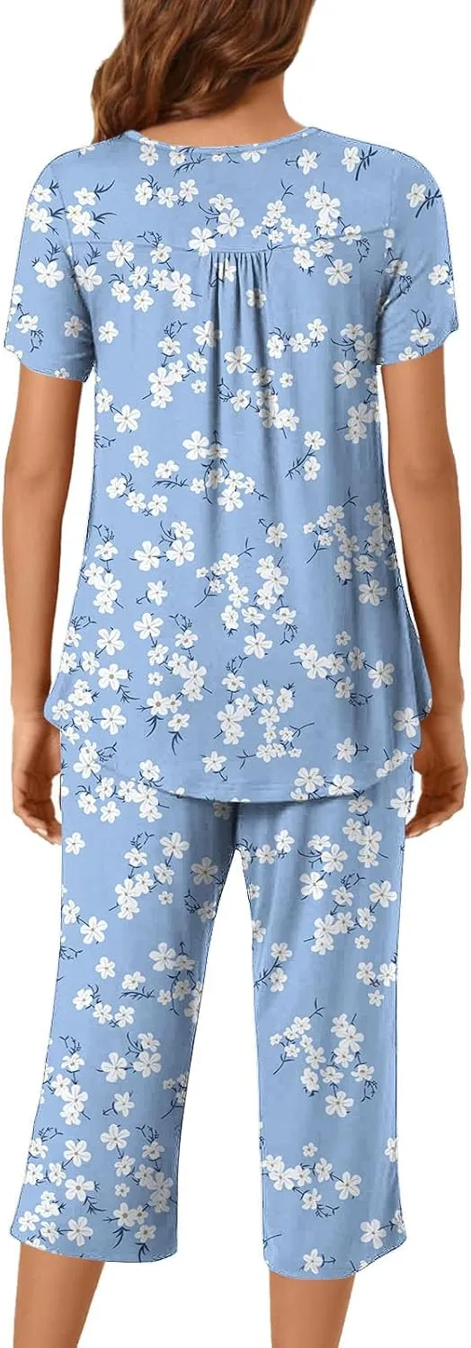 Lounge Sets for Women 2 Piece Capri Pajama Set Loose Pleated Sleepwear Top Capri Pants Button Up Soft Pjs Loungewear
