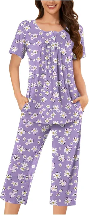 Lounge Sets for Women 2 Piece Capri Pajama Set Loose Pleated Sleepwear Top Capri Pants Button Up Soft Pjs Loungewear
