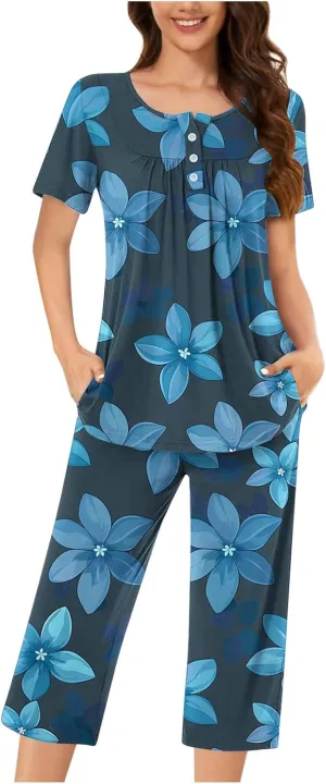 Lounge Sets for Women 2 Piece Capri Pajama Set Loose Pleated Sleepwear Top Capri Pants Button Up Soft Pjs Loungewear