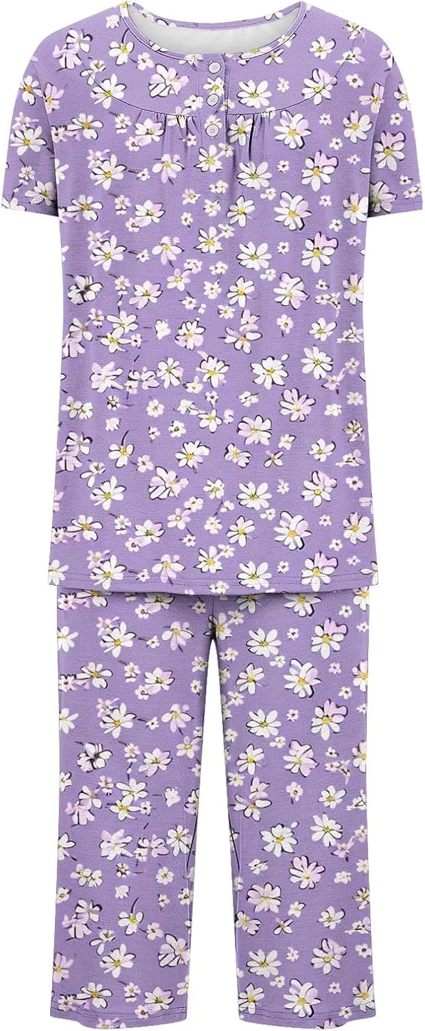 Lounge Sets for Women 2 Piece Capri Pajama Set Loose Pleated Sleepwear Top Capri Pants Button Up Soft Pjs Loungewear