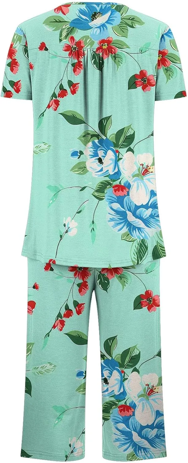 Lounge Sets for Women 2 Piece Capri Pajama Set Loose Pleated Sleepwear Top Capri Pants Button Up Soft Pjs Loungewear