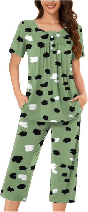 Lounge Sets for Women 2 Piece Capri Pajama Set Loose Pleated Sleepwear Top Capri Pants Button Up Soft Pjs Loungewear
