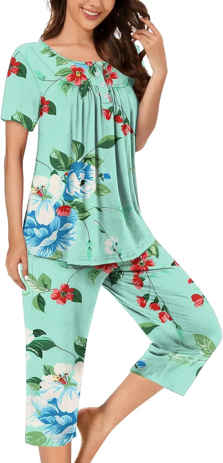 Lounge Sets for Women 2 Piece Capri Pajama Set Loose Pleated Sleepwear Top Capri Pants Button Up Soft Pjs Loungewear
