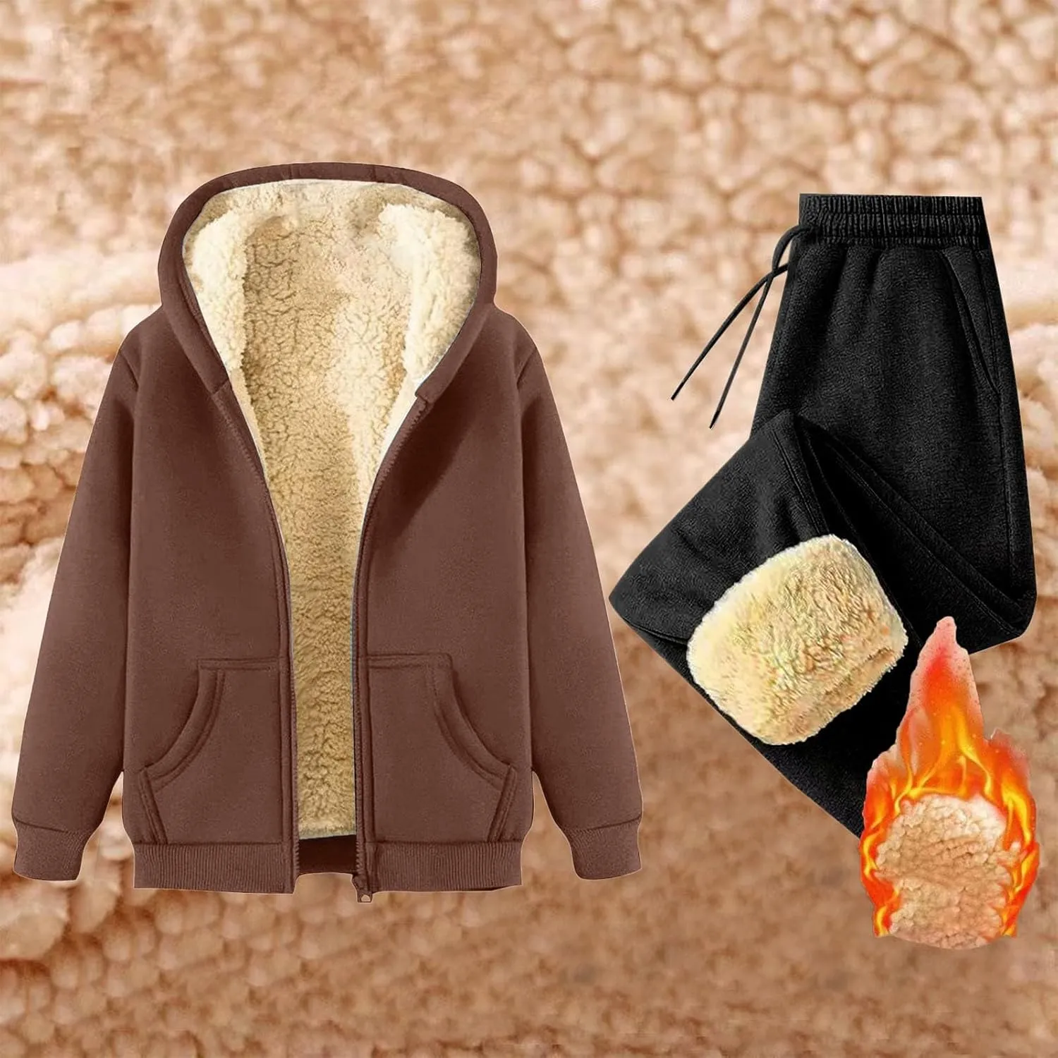 Lounge Sets for Women 2 Piece Fleece Sherpa Lined Sweatsuits Winter Warm Thick Hoodie Jogger Two Piece Tracksuit