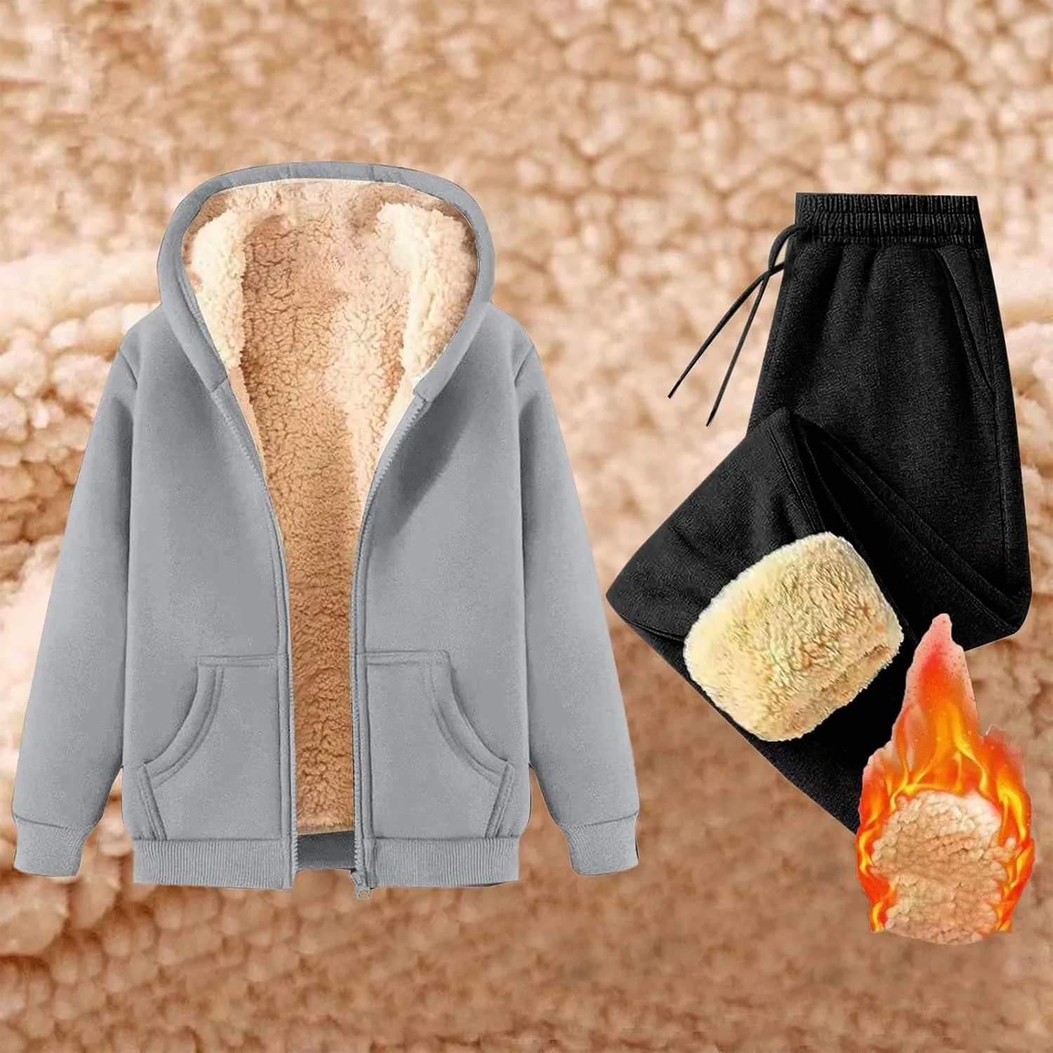 Lounge Sets for Women 2 Piece Fleece Sherpa Lined Sweatsuits Winter Warm Thick Hoodie Jogger Two Piece Tracksuit