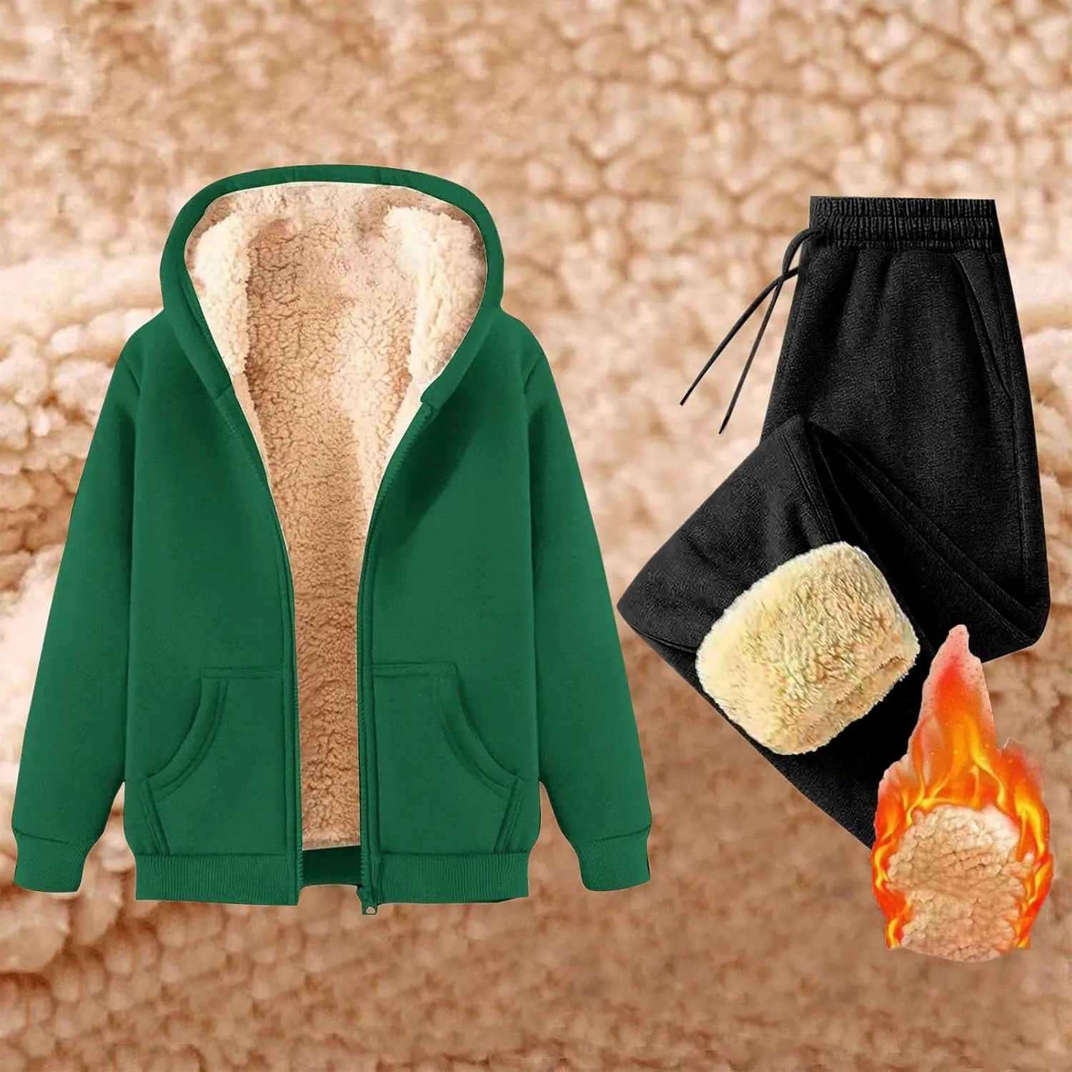 Lounge Sets for Women 2 Piece Fleece Sherpa Lined Sweatsuits Winter Warm Thick Hoodie Jogger Two Piece Tracksuit