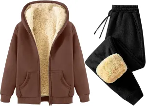 Lounge Sets for Women 2 Piece Fleece Sherpa Lined Sweatsuits Winter Warm Thick Hoodie Jogger Two Piece Tracksuit