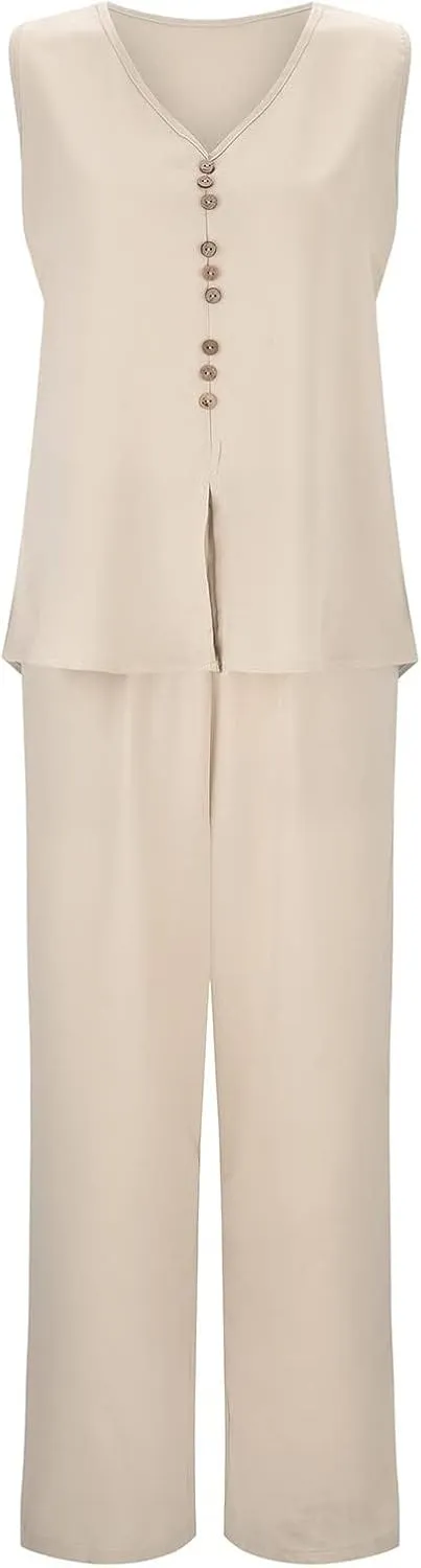 Lounge Sets for Women Two Piece Set Sleeveless V Neck Button Down Tank Tops Wide Leg Pant Set Summer Outfits 2025