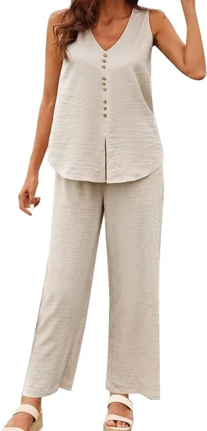 Lounge Sets for Women Two Piece Set Sleeveless V Neck Button Down Tank Tops Wide Leg Pant Set Summer Outfits 2025