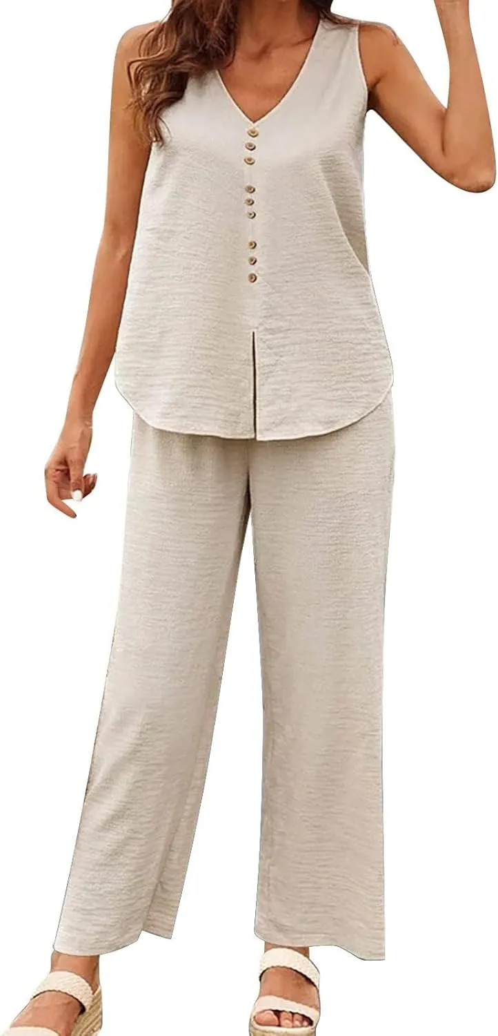 Lounge Sets for Women Two Piece Set Sleeveless V Neck Button Down Tank Tops Wide Leg Pant Set Summer Outfits 2025
