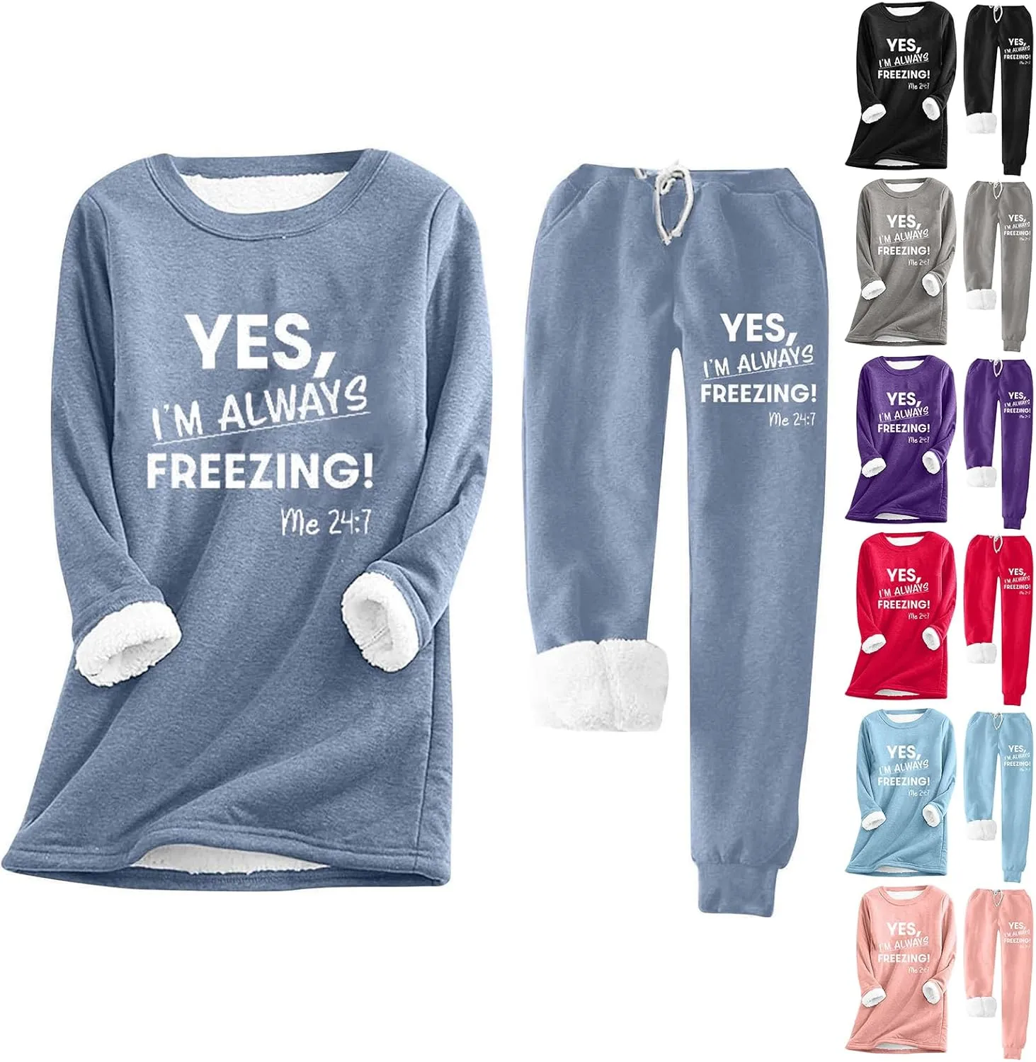 Lounge Sets for Women Yes I'm Cold Me 24:7 Sweatshirt Winter Warm Sherpa Fleece Lined Pants Soft Pjs Sleepwear