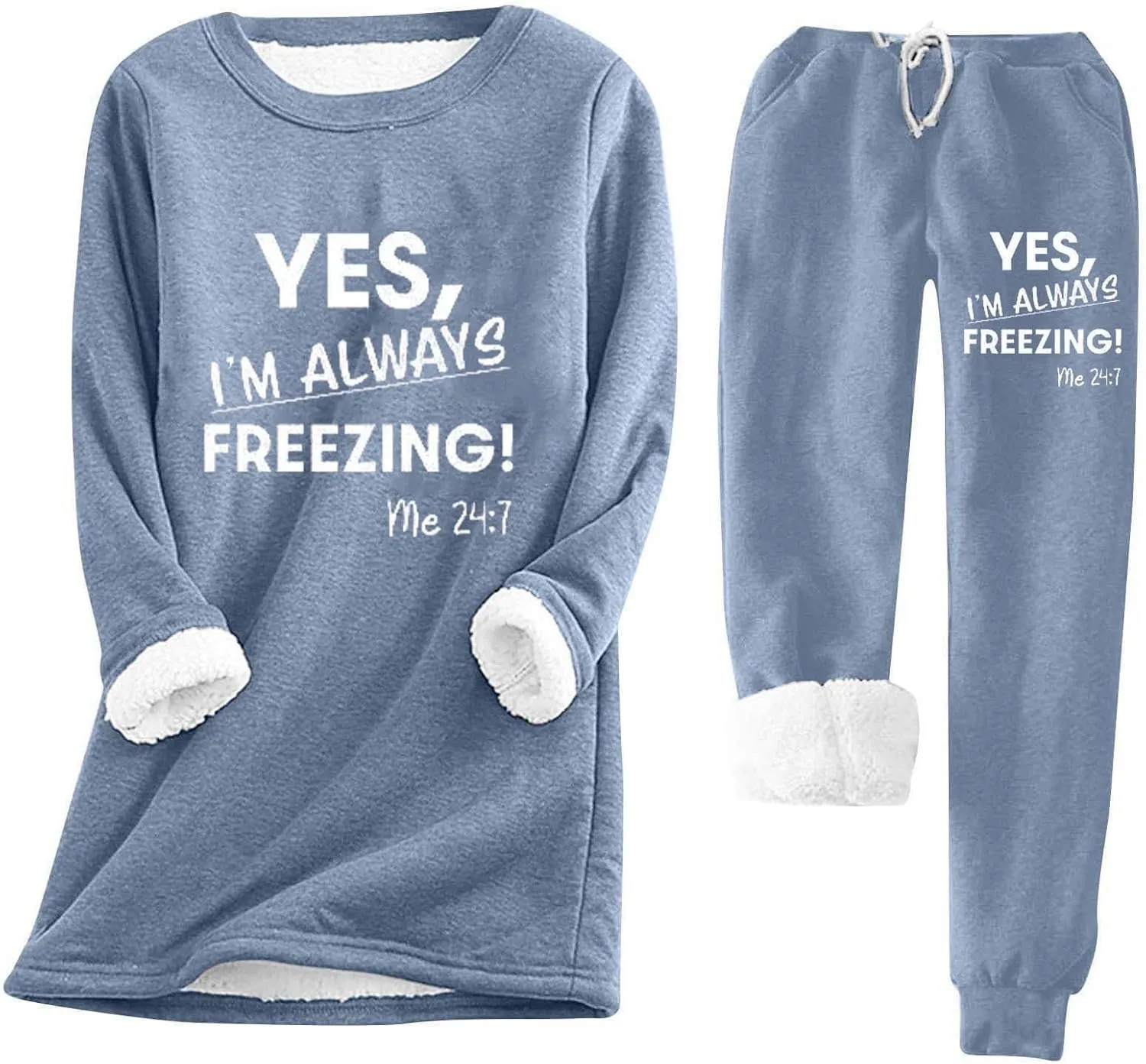 Lounge Sets for Women Yes I'm Cold Me 24:7 Sweatshirt Winter Warm Sherpa Fleece Lined Pants Soft Pjs Sleepwear