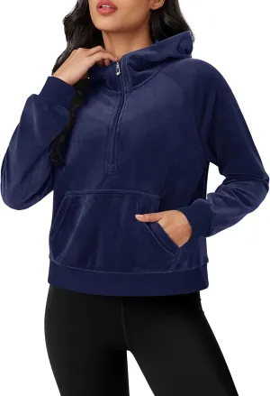 MAGCOMSEN Womens Hoodies Half-Zip Cropped Velour Sweatshirts Long Sleeve Fleece Pullover with Pocket Casual Outfits
