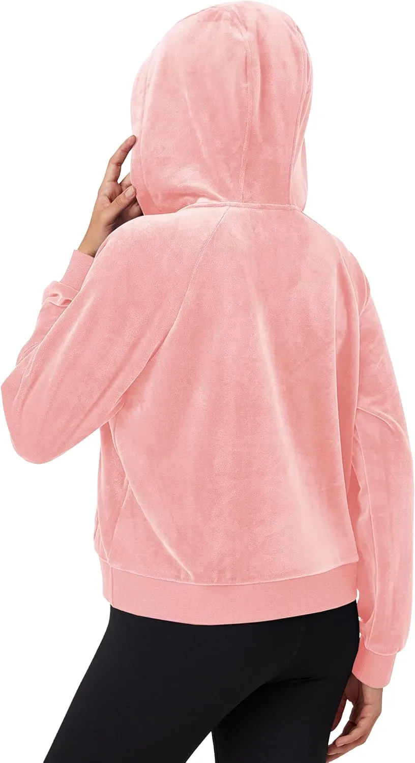 MAGCOMSEN Womens Hoodies Half-Zip Cropped Velour Sweatshirts Long Sleeve Fleece Pullover with Pocket Casual Outfits