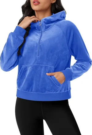 MAGCOMSEN Womens Hoodies Half-Zip Cropped Velour Sweatshirts Long Sleeve Fleece Pullover with Pocket Casual Outfits