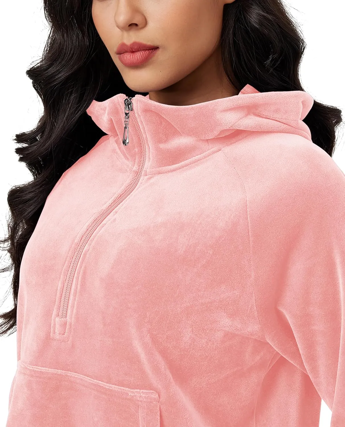 MAGCOMSEN Womens Hoodies Half-Zip Cropped Velour Sweatshirts Long Sleeve Fleece Pullover with Pocket Casual Outfits