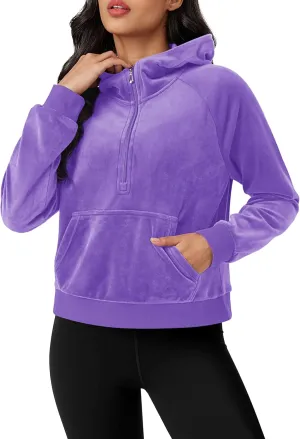 MAGCOMSEN Womens Hoodies Half-Zip Cropped Velour Sweatshirts Long Sleeve Fleece Pullover with Pocket Casual Outfits