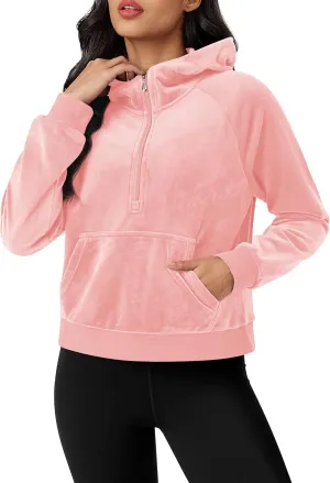 MAGCOMSEN Womens Hoodies Half-Zip Cropped Velour Sweatshirts Long Sleeve Fleece Pullover with Pocket Casual Outfits