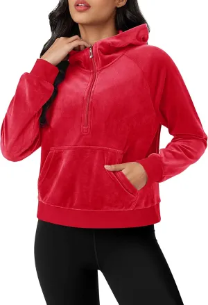 MAGCOMSEN Womens Hoodies Half-Zip Cropped Velour Sweatshirts Long Sleeve Fleece Pullover with Pocket Casual Outfits