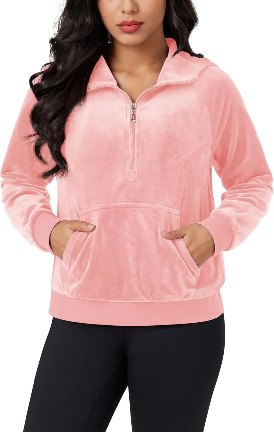 MAGCOMSEN Womens Hoodies Half-Zip Cropped Velour Sweatshirts Long Sleeve Fleece Pullover with Pocket Casual Outfits
