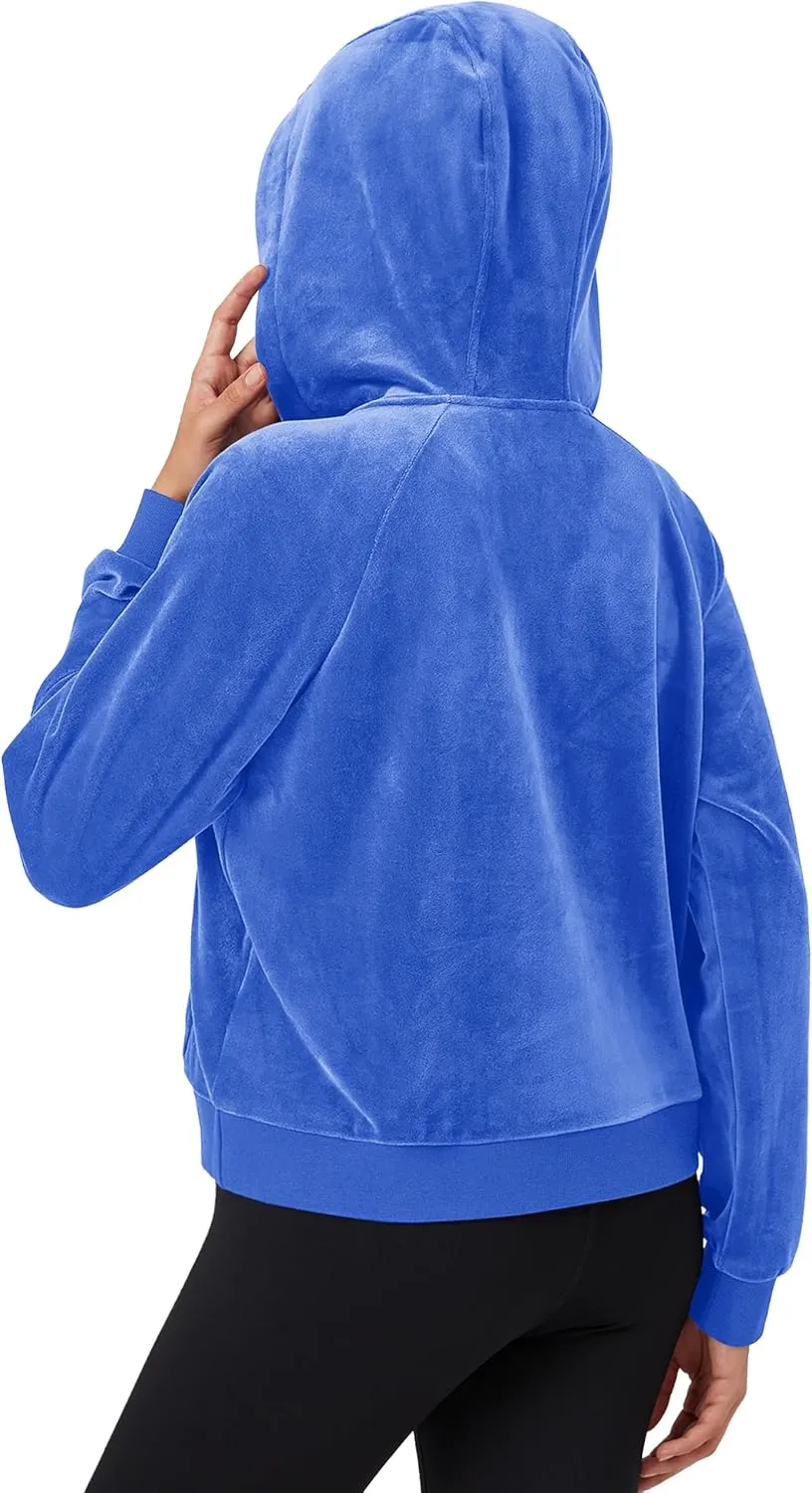 MAGCOMSEN Womens Hoodies Half-Zip Cropped Velour Sweatshirts Long Sleeve Fleece Pullover with Pocket Casual Outfits