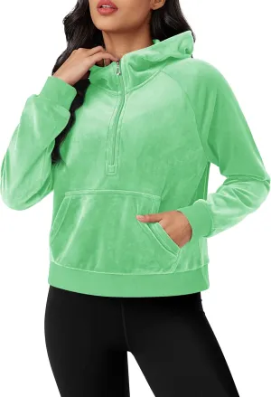 MAGCOMSEN Womens Hoodies Half-Zip Cropped Velour Sweatshirts Long Sleeve Fleece Pullover with Pocket Casual Outfits