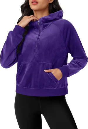 MAGCOMSEN Womens Hoodies Half-Zip Cropped Velour Sweatshirts Long Sleeve Fleece Pullover with Pocket Casual Outfits