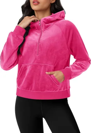 MAGCOMSEN Womens Hoodies Half-Zip Cropped Velour Sweatshirts Long Sleeve Fleece Pullover with Pocket Casual Outfits