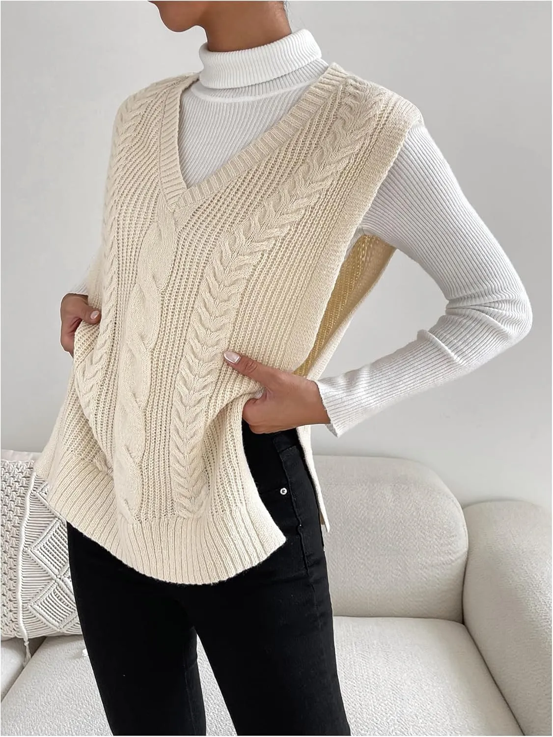 MakeMeChic Women's Cable Knit Split Hem Sleeveless Sweater Vest V Neck Knit Sweaters