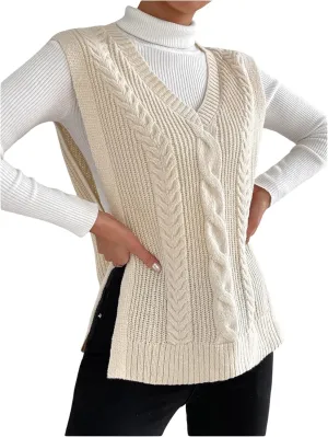 MakeMeChic Women's Cable Knit Split Hem Sleeveless Sweater Vest V Neck Knit Sweaters
