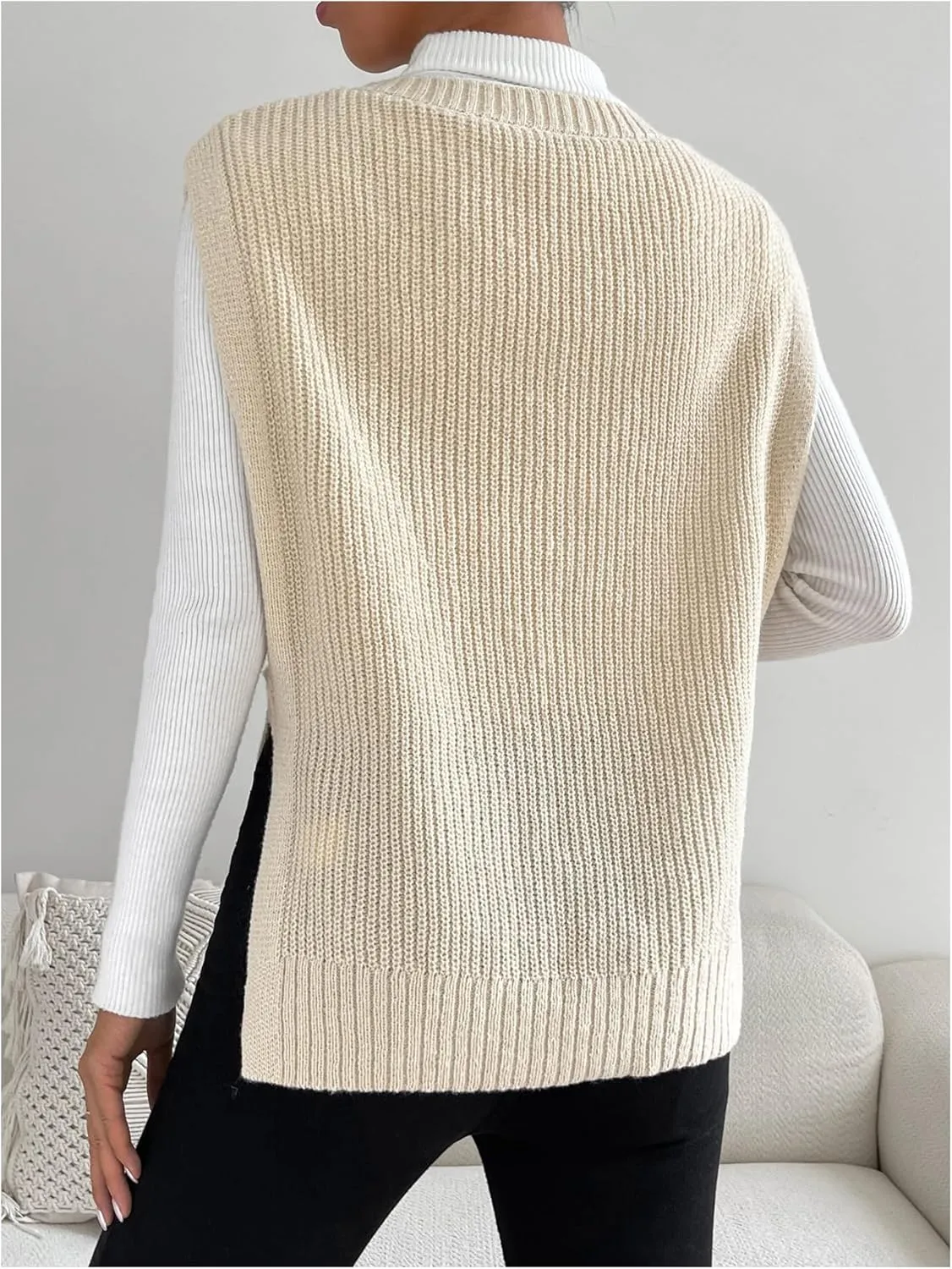 MakeMeChic Women's Cable Knit Split Hem Sleeveless Sweater Vest V Neck Knit Sweaters