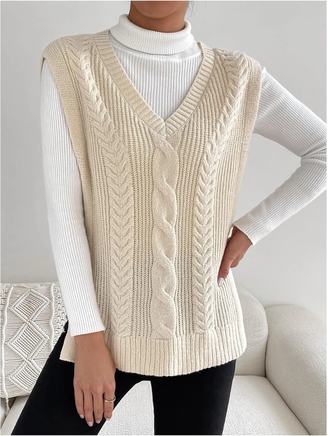 MakeMeChic Women's Cable Knit Split Hem Sleeveless Sweater Vest V Neck Knit Sweaters