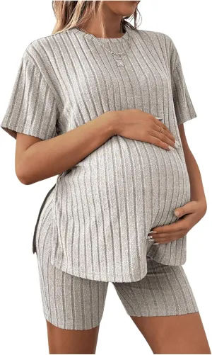 MakeMeChic Women's Maternity Pajama Set Loungewear Ribbed Knit Top Biker Shorts Sleepwear Tracksuit